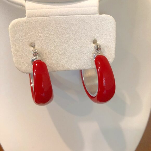 Cute Red Silver Tone Hoop Earrings. - Picture 1 of 10